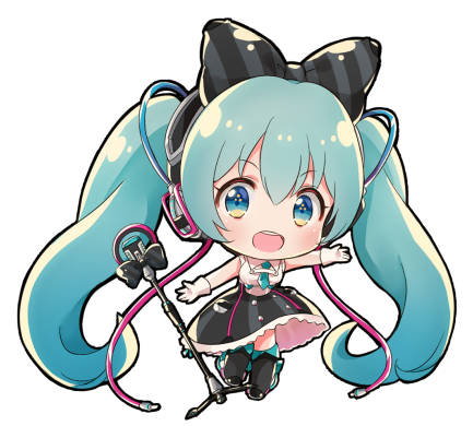 1girl :d bangs bare_shoulders black_bow black_footwear black_legwear black_skirt blue_eyes blush boots bow chibi collared_shirt diagonal_stripes eyebrows_visible_through_hair full_body gloves green_hair green_neckwear hair_between_eyes hair_bow hatsune_miku headphones long_hair looking_at_viewer lowres magical_mirai_(vocaloid) melings_(aot2846) microphone microphone_stand necktie open_mouth outstretched_arm round_teeth shirt short_necktie simple_background skirt sleeveless sleeveless_shirt smile solo striped striped_bow teeth thigh-highs thigh_boots twintails upper_teeth very_long_hair vocaloid white_background white_gloves white_shirt