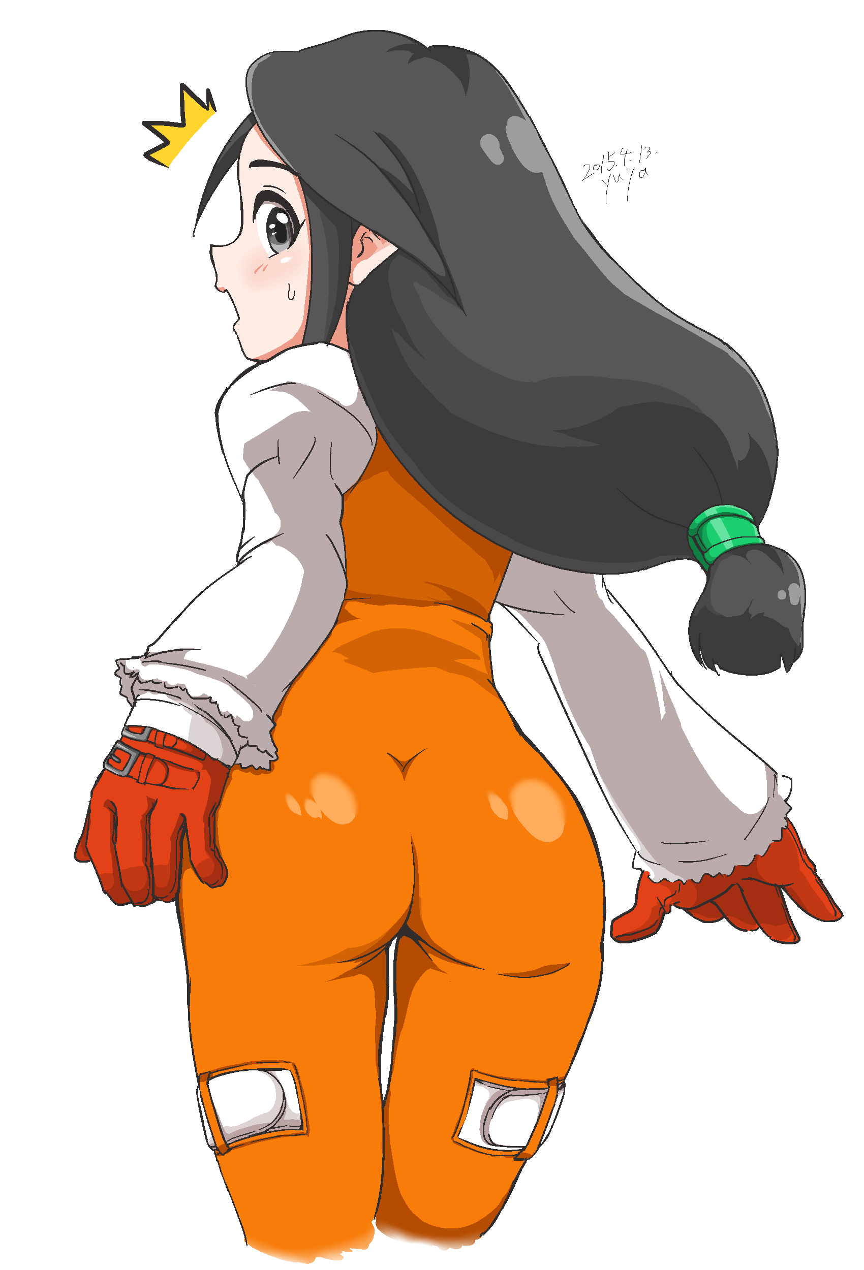 1girl absurdres ass black_hair blush bodysuit commentary_request final_fantasy final_fantasy_ix garnet_til_alexandros_xvii gloves highres hiru_made_ne-tarou latex long_hair looking_at_viewer low-tied_long_hair orange_bodysuit simple_background solo white_background