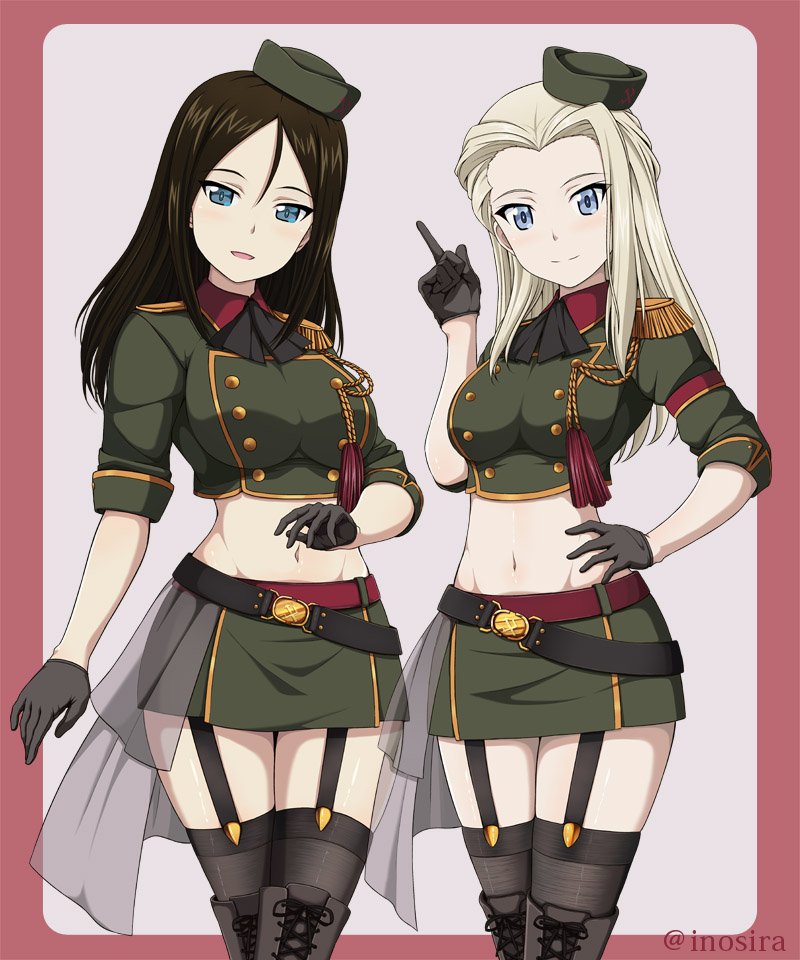 2girls aiguillette bangs belt black_belt black_footwear black_gloves black_hair black_legwear black_neckwear blonde_hair blue_eyes boots clara_(girls_und_panzer) closed_mouth commentary_request cowboy_shot cravat crop_top cross-laced_footwear epaulettes garter_straps girls_und_panzer gloves green_headwear green_jacket green_skirt groin hand_on_hip head_tilt inoshira jacket lace-up_boots long_hair looking_at_viewer midriff military military_uniform miniskirt multiple_girls navel nonna outside_border overskirt parted_lips pencil_skirt short_sleeves skirt smile standing swept_bangs thigh-highs thigh_boots tilted_headwear twitter_username uniform