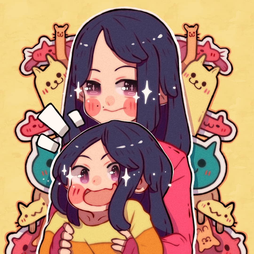 2girls age_difference black_hair blush child family hanaan holding long_hair long_sleeves looking_at_viewer mother_and_daughter multiple_girls open_mouth original outline sleeves_past_wrists smile sparkle upper_body violet_eyes white_outline yellow_background