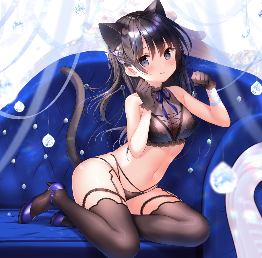 1girl 3: animal_ears artist_name bangs bare_arms bare_shoulders black_gloves black_hair black_legwear black_panties blue_eyes blue_footwear blue_ribbon blurry bra breasts cat_ears cat_girl cat_tail cleavage closed_mouth collarbone commentary_request couch covered_nipples crop_top futaba_miwa garter_straps gloves hair_ribbon hands_up high_heels highleg highleg_panties lace lace-trimmed_bra lace-trimmed_legwear lace-trimmed_panties lace_trim lingerie long_hair looking_at_viewer medium_breasts navel no_pants on_couch one_side_up original panties purple_ribbon ribbon sidelocks signature solo stomach tail thigh-highs thighs underwear