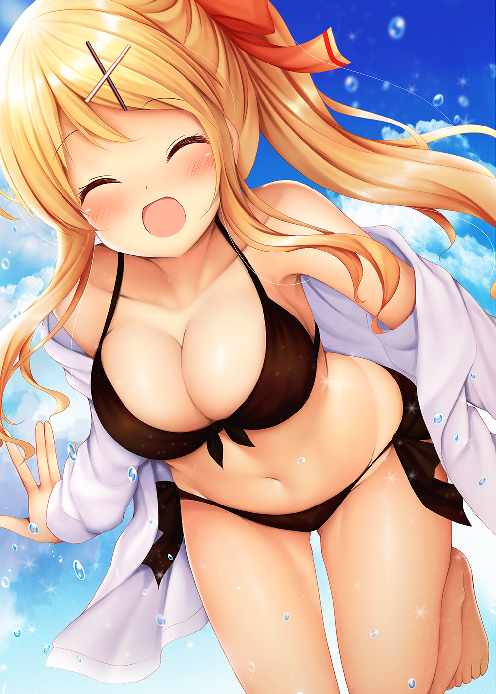 1girl :d ^_^ bangs bikini black_bikini blonde_hair blue_sky blush bow breasts cleavage closed_eyes closed_eyes clouds cloudy_sky commentary_request day eyebrows_visible_through_hair facing_viewer front-tie_bikini front-tie_top groin hair_bow hair_ornament hairclip highres jacket kin-iro_mosaic kujou_karen large_breasts long_hair minato_(ojitan_gozaru) navel off_shoulder one_side_up open_clothes open_jacket open_mouth outdoors red_bow side-tie_bikini sky smile solo swimsuit very_long_hair white_jacket x_hair_ornament