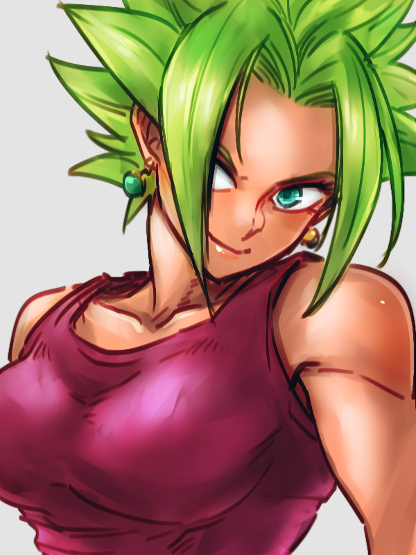 1girl blonde_hair breasts closed_mouth collarbone commentary_request dragon_ball dragon_ball_super earrings fusion grey_background hair_over_one_eye jewelry kefla_(dragon_ball) looking_at_viewer medium_breasts potara_earrings red_shirt shirt smile solo spiky_hair st62svnexilf2p9 super_saiyan tank_top toned upper_body