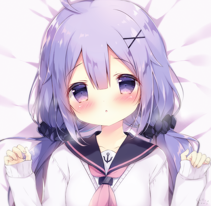 1girl :o ahoge anchor_symbol azur_lane bangs bed_sheet black_sailor_collar black_scrunchie blush commentary_request eyebrows_visible_through_hair fio88 hair_between_eyes hair_ornament hair_scrunchie hands_up head_tilt long_hair long_sleeves looking_at_viewer low_twintails neckerchief parted_lips pink_neckwear purple_hair sailor_collar school_uniform scrunchie serafuku shiratama_(shiratamaco) shirt sleeves_past_wrists solo sweater twintails unicorn_(amusement_park_date)_(azur_lane) unicorn_(azur_lane) upper_body violet_eyes white_shirt white_sweater x_hair_ornament