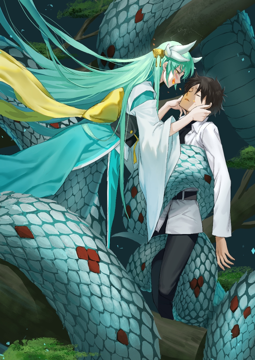 1boy 1girl ahhstwj black_hair blush branch closed_eyes facing_another fate/grand_order fate_(series) femdom forest fujimaru_ritsuka_(male) green_hair hair_ornament hands_on_another's_cheeks hands_on_another's_face headgear horns jacket japanese_clothes kimono kiyohime_(fate/grand_order) lamia long_hair monster_girl nature open_mouth ribbon scales snake_bondage tail tongue tongue_out tree tree_branch unconscious very_long_hair white_jacket white_kimono yellow_eyes