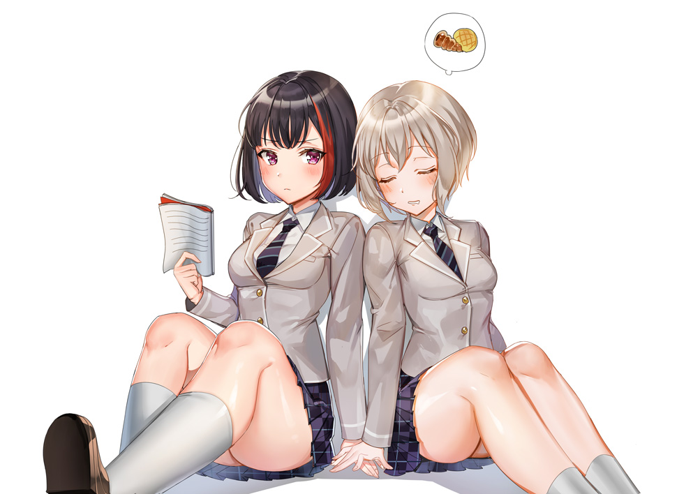 2girls aoba_moca bang_dream! bangs black_hair blazer blush bob_cut book bread chocolate_cornet closed_eyes collared_shirt food grey_hair grey_jacket hand_on_hand haneoka_school_uniform holding holding_book jacket knees_up long_sleeves melon_bread miniskirt mitake_ran multicolored_hair multiple_girls navy_blue_neckwear navy_blue_skirt necktie pleated_skirt redhead rity school_uniform shiny shiny_skin shirt short_hair sitting skirt sleeping socks spoken_object streaked_hair striped striped_neckwear violet_eyes white_background white_legwear