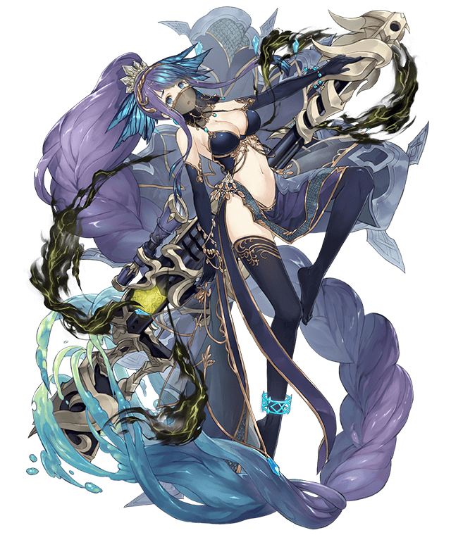 1girl absurdly_long_hair anklet anti-materiel_rifle aqua_eyes bracelet braid breasts dancer elbow_gloves fins full_body gloves gold_trim gun huge_weapon jewelry ji_no large_breasts long_hair looking_at_viewer navel ningyo_hime_(sinoalice) official_art pelvic_curtain ponytail revealing_clothes rifle see-through sinoalice sniper_rifle solo thigh-highs transparent_background veil very_long_hair violet_eyes water weapon