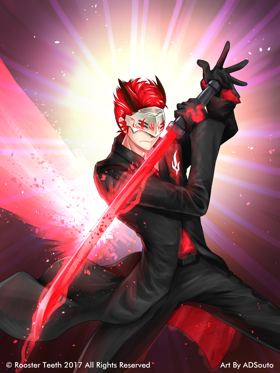 1boy adam_taurus adsouto black_gloves black_jacket black_pants energy gloves glowing glowing_sword glowing_weapon highres holding holding_sword holding_weapon horns jacket katana official_art pants pose red_eyes red_shirt redhead rwby shirt spiky_hair sword weapon wilt_and_blush