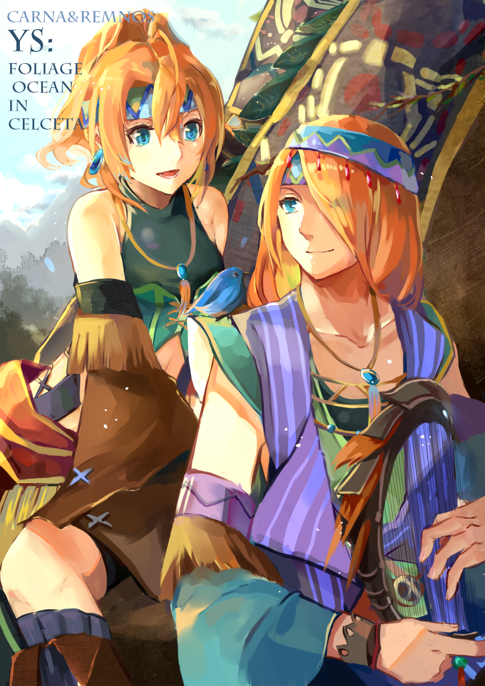 1boy 1girl animal animal_on_shoulder aqua_eyes bandanna bare_shoulders bird_on_shoulder boots breasts brother_and_sister character_name clouds cloudy_sky copyright_name day detached_sleeves dress earrings forest hair_between_eyes hair_over_one_eye harp headband highres instrument jewelry karna_(ys) lanlanlu_(809930257) looking_at_another medium_breasts medium_hair midriff mountain nature navel necklace open_mouth orange_hair ponytail remnos_(ys) shirt siblings sky smile thighs wide_sleeves wrist_cuffs ys ys_memories_of_celceta