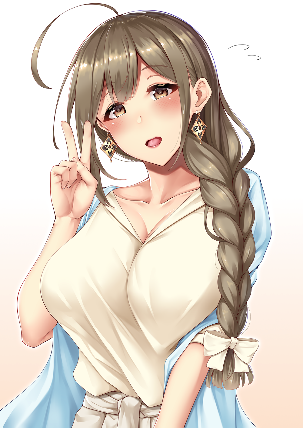 1girl 3104_(3104milkshake) ahoge bangs blush bow braid breasts brown_eyes brown_hair cleavage collarbone commentary_request earrings eyebrows_visible_through_hair gradient gradient_background hair_over_shoulder hair_ribbon hand_up highres idolmaster idolmaster_shiny_colors jewelry kuwayama_chiyuki large_breasts long_braid long_hair looking_at_viewer open_mouth ribbon single_braid solo v