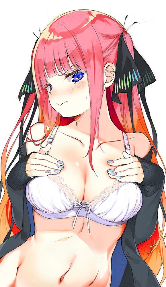 1girl bangs black_sweater blue_eyes blunt_bangs blush breasts cardigan closed_mouth collarbone commentary_request eyebrows_visible_through_hair frown go-toubun_no_hanayome gradient_hair groin hair_ornament hair_ribbon hands_on_own_chest large_breasts long_hair looking_at_viewer midriff multicolored_hair nail_polish nakano_nino navel open_cardigan open_clothes orange_hair redhead ribbon shimeji_(4_me_ji) sidelocks solo stomach sweater two_side_up upper_body white_background