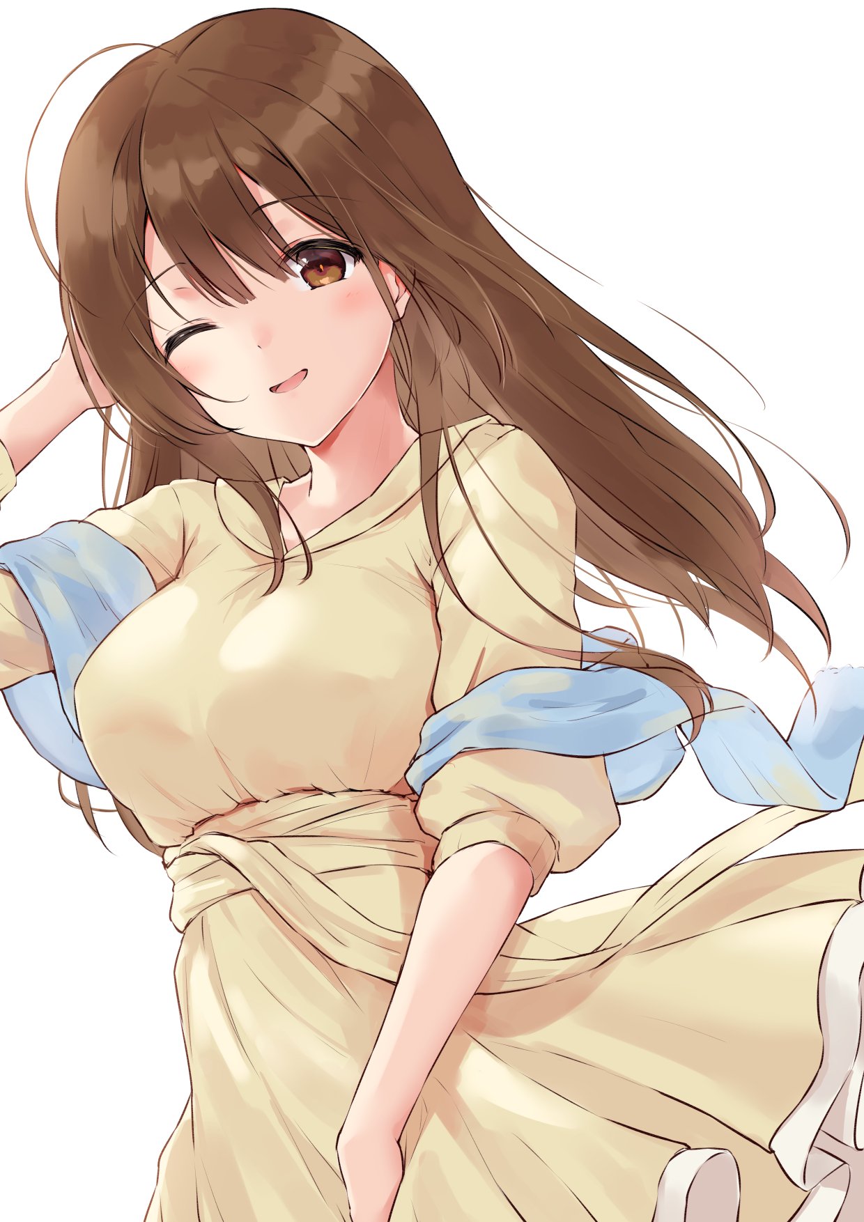 1girl ;d bangs blush brown_eyes brown_hair cowboy_shot dress hair_between_eyes hand_up highres idolmaster idolmaster_shiny_colors kuwayama_chiyuki long_hair looking_at_viewer minikon one_eye_closed open_mouth shawl short_sleeves sidelocks simple_background smile solo standing white_background yellow_dress