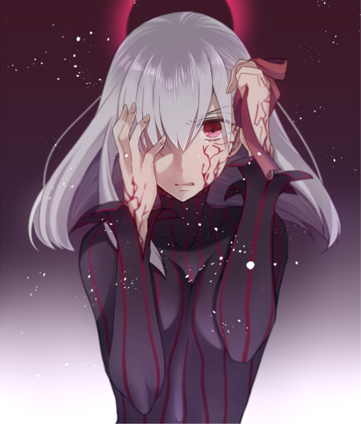 1girl black_bodysuit bodysuit breasts clenched_teeth facial_mark fate/stay_night fate_(series) floating_hair hair_over_one_eye hair_ribbon holding holding_ribbon long_hair long_sleeves looking_at_viewer matou_sakura medium_breasts red_eyes red_ribbon ribbon silver_hair solo suzuko_(star8383) teeth upper_body
