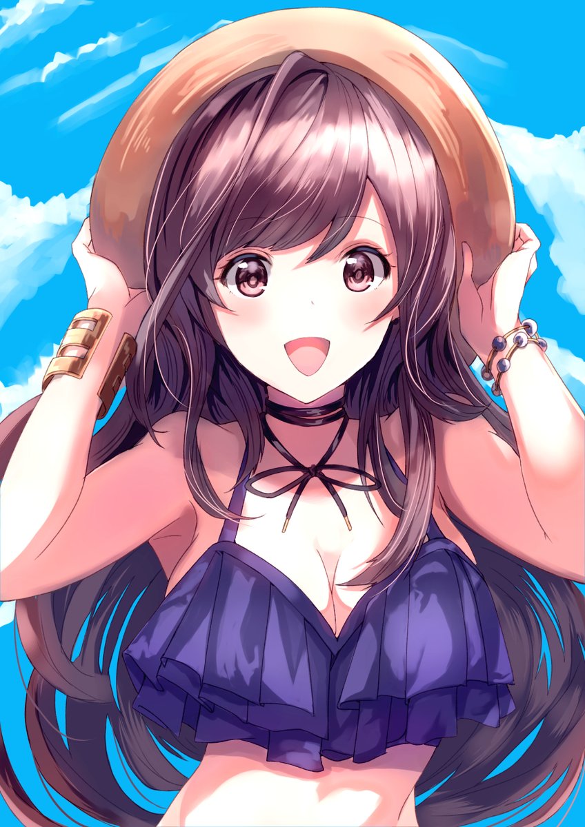 1girl :d armpits bare_shoulders bead_bracelet beads bikini black_choker blue_bikini blue_sky bracelet breasts brown_eyes brown_hair choker cleavage clouds cloudy_sky commentary_request day frilled_bikini frills hands_up hat highres idolmaster idolmaster_shiny_colors jewelry large_breasts long_hair looking_at_viewer open_mouth sky smile solo sone_(takahiro-osone) stomach sun_hat swimsuit tsukioka_kogane upper_body