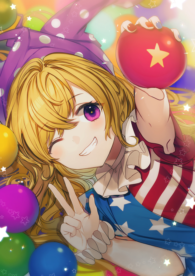 1girl ;) american_flag_dress ball bangs blonde_hair blue_dress blue_nails blush clownpiece daimaou_ruaeru dress eyebrows_visible_through_hair fang grin hair_between_eyes hat holding jester_cap long_hair looking_at_viewer nail_polish neck_ruff one_eye_closed orange_background polka_dot polka_dot_hat purple_headwear red_dress red_nails smile solo star star_print striped striped_dress touhou upper_body violet_eyes w white_dress wrist_cuffs