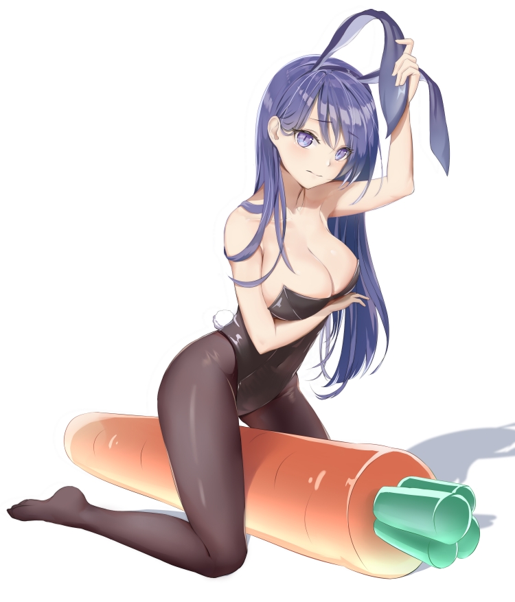 1girl animal_ears black_legwear black_leotard breasts bunny_girl bunnysuit carrot cleavage large_breasts leotard long_hair looking_at_viewer original pantyhose pillow prayer purple_hair rabbit_ears simple_background solo straddling strapless strapless_leotard violet_eyes white_background