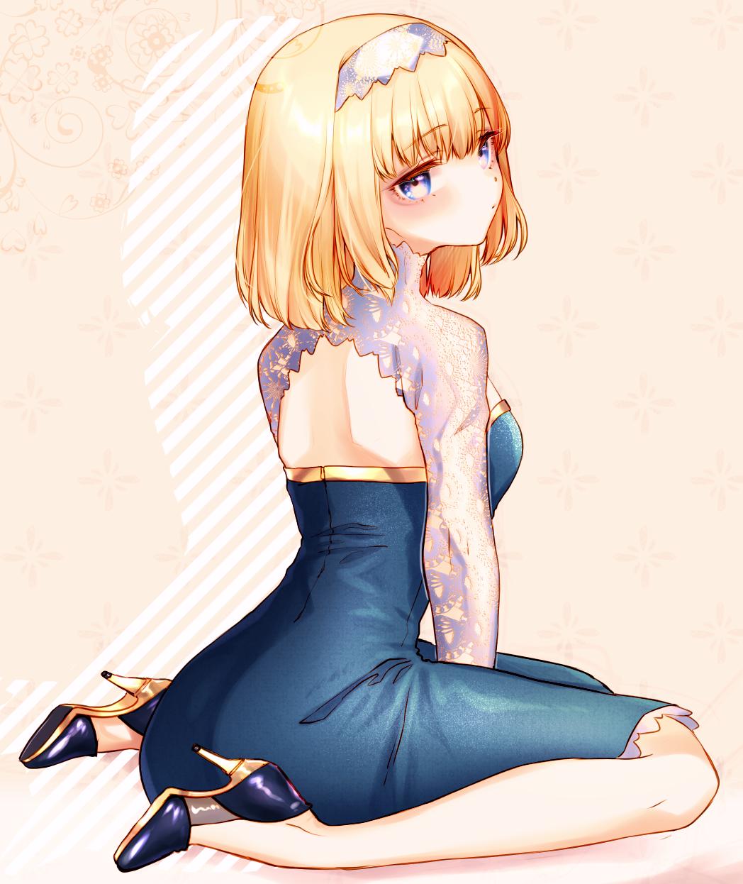 1girl alice_margatroid back_cutout bangs beige_background blonde_hair blue_dress blue_eyes blue_footwear blush breasts commentary_request diagonal_stripes dress eyebrows_visible_through_hair from_behind full_body hairband head_tilt high_heels highres long_sleeves looking_at_viewer looking_back medium_breasts mokokiyo_(asaddr) shirt short_hair silhouette sitting solo striped touhou wariza white_hairband white_shirt