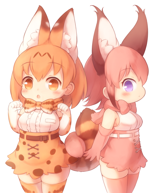 2girls animal_ear_fluff animal_ears arms_at_sides bare_shoulders belt black_belt blonde_hair blush bow bowtie breast_pocket breasts caracal_(kemono_friends) caracal_ears caracal_tail commentary elbow_gloves extra_ears frills gloves high-waist_skirt intertwined_tails kemono_friends large_ears matsuu_(akiomoi) multiple_girls open_mouth pocket print_legwear print_neckwear print_skirt red_neckwear redhead serval_(kemono_friends) serval_ears serval_print serval_tail shirt short_hair sideboob simple_background skirt sleeveless sleeveless_shirt standing tail tareme thigh-highs white_belt yellow_eyes yellow_neckwear younger zettai_ryouiki