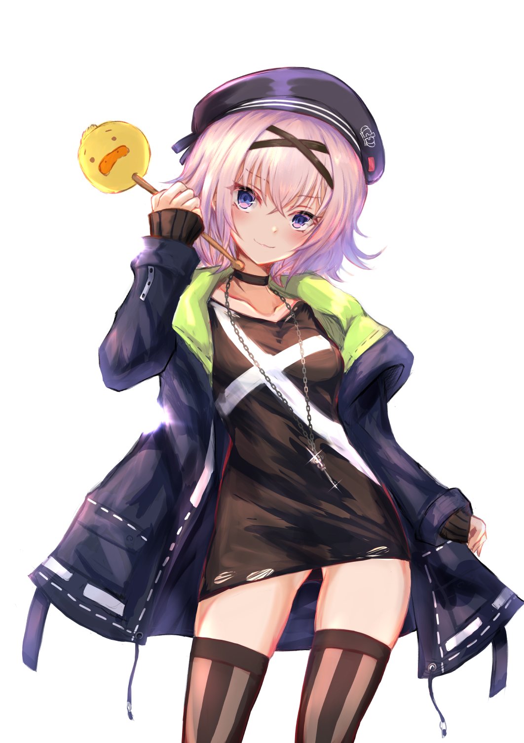 1girl bangs black_headwear blush breasts brown_dress brown_legwear choker closed_mouth coat collarbone cross crossed_bangs dress eyebrows_visible_through_hair habu_rin hairband hat head_tilt highres holding jewelry long_sleeves looking_at_viewer medium_breasts misogi_sosogi necklace open_clothes open_coat pink_hair purple_coat sidelocks simple_background sleeves_past_wrists smile solo striped striped_legwear thigh-highs thighs vertical-striped_legwear vertical_stripes violet_eyes virtual_youtuber white_background