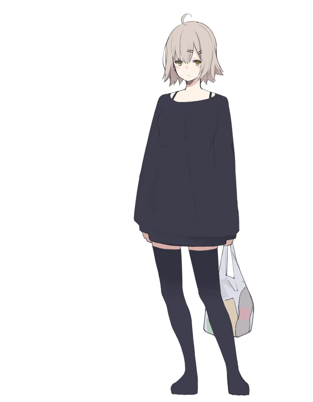 1girl ahoge akagawa007 arms_at_sides bag black_legwear bra_strap full_body hair_ornament hairclip highres holding holding_bag light_brown_hair long_sleeves looking_at_viewer original shopping_bag short_hair simple_background solo standing thigh-highs white_background yellow_eyes