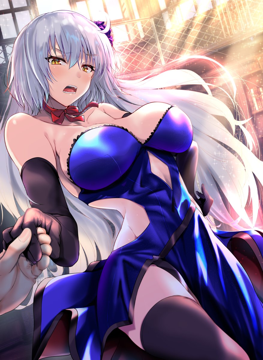 1girl ahoge bare_shoulders blue_dress blush bow breasts cleavage dress eyebrows_visible_through_hair fate/grand_order fate_(series) gloves highres jeanne_d'arc_(alter)_(fate) jeanne_d'arc_(fate)_(all) large_breasts long_hair looking_at_viewer nonohachi open_mouth red_bow silver_hair solo yellow_eyes