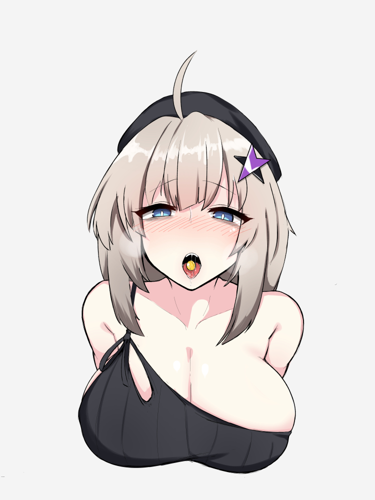 1girl :o aa-12_(girls_frontline) ahoge asymmetrical_clothes bangs bare_shoulders black_headwear blue_eyes blush breasts bright_pupils candy cleavage collarbone cropped_torso eyebrows_visible_through_hair food girls_frontline grey_background grey_hair hair_ornament kumasteam large_breasts looking_at_viewer nose_blush open_mouth saliva sidelocks simple_background single_strap solo star star_hair_ornament tongue tongue_out