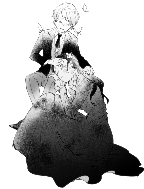 1boy 1girl bug butterfly dress flower freckles greyscale hair_flower hair_ornament hand_on_another's_head insect isabella_(yakusoku_no_neverland) lap_pillow leslie_(yakusoku_no_neverland) long_dress long_hair monochrome necktie ni-si_(nisi_kun) sleeping smile tagme yakusoku_no_neverland younger
