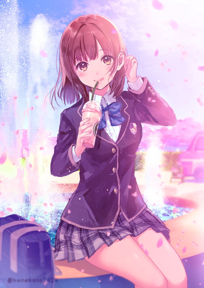1girl :q arm_up bag bangs black_jacket blue_bow blue_neckwear blue_sky blurry blush bow bowtie brown_eyes brown_hair car closed_mouth collared_shirt commentary_request cup day depth_of_field disposable_cup drinking_straw emblem eyebrows_visible_through_hair fountain grey_skirt ground_vehicle hanekoto holding holding_cup jacket long_sleeves looking_at_viewer miniskirt motor_vehicle original outdoors plaid plaid_skirt pleated_skirt school_bag shirt short_hair sitting skirt sky smile solo spring_(season) tareme thighs tongue tongue_out twitter_username water white_shirt wing_collar