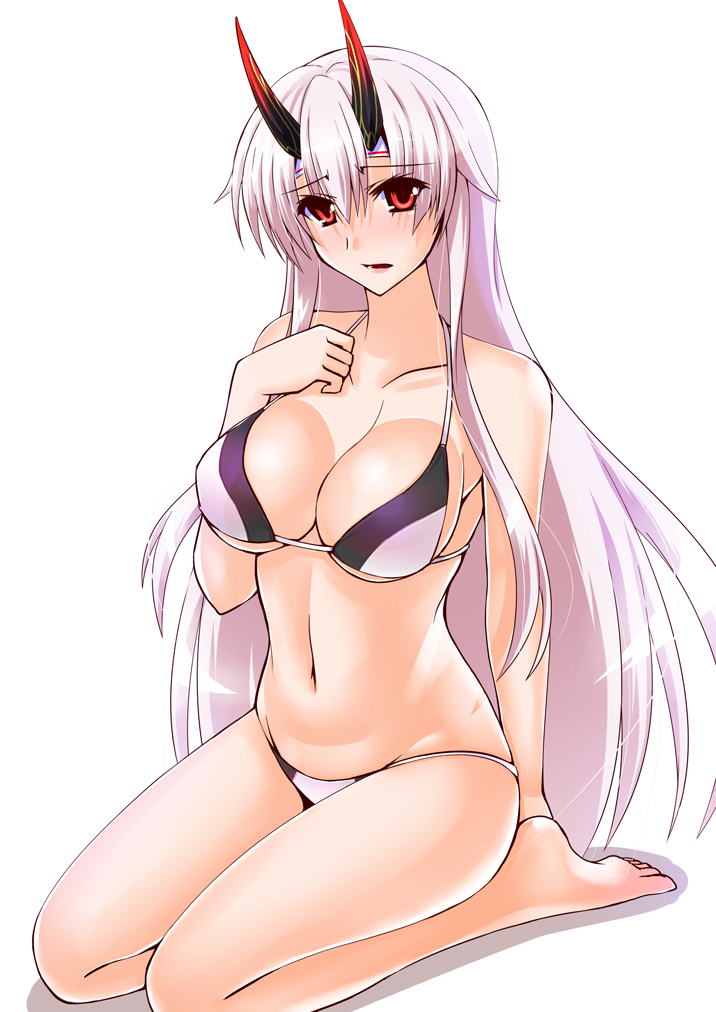 1girl barefoot bikini bow breasts cleavage collarbone commentary_request engo_(aquawatery) fate/grand_order fate_(series) full_body grey_bikini headband large_breasts lips long_hair navel oni_horns ponytail red_bow red_eyes silver_hair simple_background sitting solo swimsuit tomoe_gozen_(fate/grand_order) very_long_hair wariza white_background