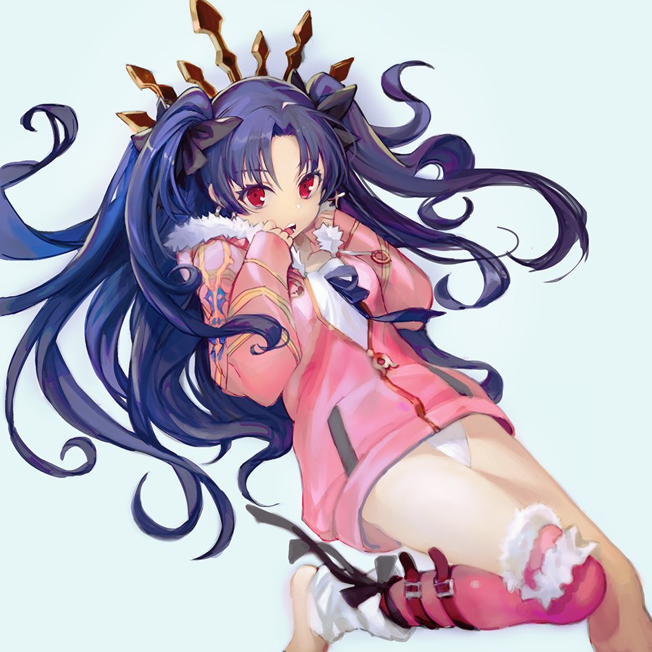 1girl armlet asymmetrical_sleeves black_ribbon commentary commentary_request earrings fate/grand_order fate_(series) fur_trim hair_ribbon hoop_earrings ishtar_(fate/grand_order) jewelry long_hair long_legs open_mouth red_eyes ribbon simple_background single_thighhigh solo thigh-highs toeless_legwear tomatika twintails