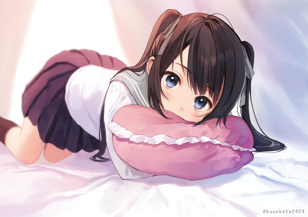 1girl all_fours bangs bed_sheet black_hair black_legwear black_skirt blue_eyes blurry blurry_background blush commentary_request covering_mouth curtains grey_ribbon grey_sailor_collar hair_ribbon hanekoto kneehighs long_hair looking_at_viewer miniskirt original pillow pillow_hug pleated_skirt ribbon sailor_collar sanpaku school_uniform serafuku shirt sidelocks skirt solo twintails twitter_username white_shirt