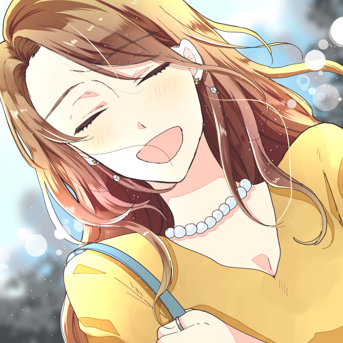 1girl :d blurry blurry_background blush brown_hair closed_eyes day earrings facing_viewer hand_up jewelry long_hair necklace office_lady open_mouth original outdoors pearl_necklace ring shirt smile upper_body yellow_shirt