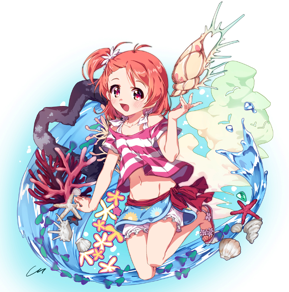 1boy blush coral king_of_prism_by_prettyrhythm looking_at_viewer male_focus midriff navel ocean one_side_up pink_eyes pink_hair pretty_rhythm rare_white saionji_leo sandals seashell shell shirt solo starfish striped striped_shirt trap water