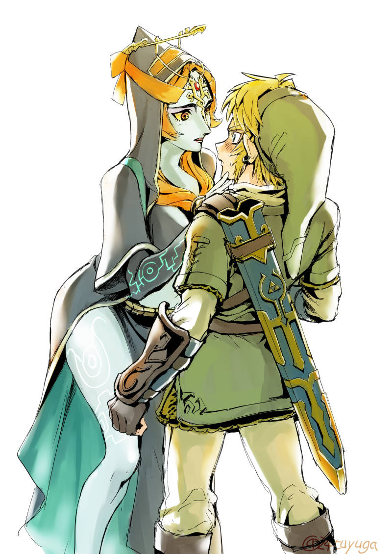 1boy 1girl blonde_hair blue_skin blush eye_contact front_ponytail hat height_difference hood link looking_at_another midna midna_(true) nintendo orange_eyes orange_hair pointy_ears scabbard sheath the_legend_of_zelda the_legend_of_zelda:_twilight_princess tsuyuga yellow_sclera