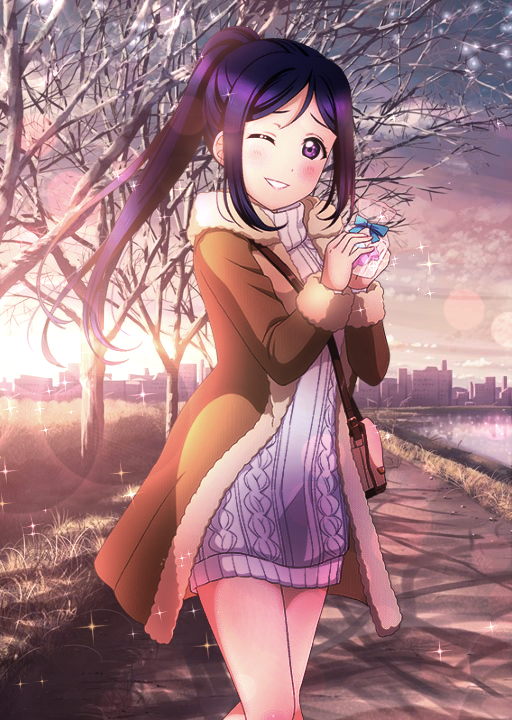 1girl blue_hair blush box brown_coat coat day dress fur-trimmed_coat fur_trim gift gift_box grin high_ponytail holding holding_box lens_flare long_hair looking_at_viewer love_live! love_live!_sunshine!! matsuura_kanan one_eye_closed open_clothes open_coat outdoors percy_spencer ribbed_sweater smile solo sparkle standing sweater sweater_dress very_long_hair violet_eyes white_sweater winter