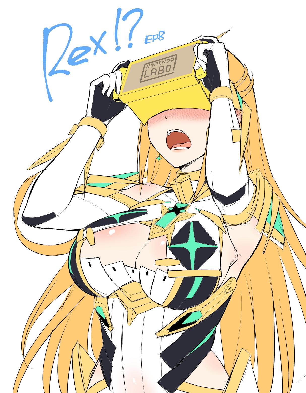 1girl armor bangs blonde_hair breasts covered_navel earrings gem gloves head_mounted_display headpiece highres mythra_(xenoblade) jewelry large_breasts long_hair nintendo nintendo_labo shoulder_armor solo swept_bangs thigh_strap tiara xenoblade_(series) xenoblade_2 yellow_eyes yuuki_shin