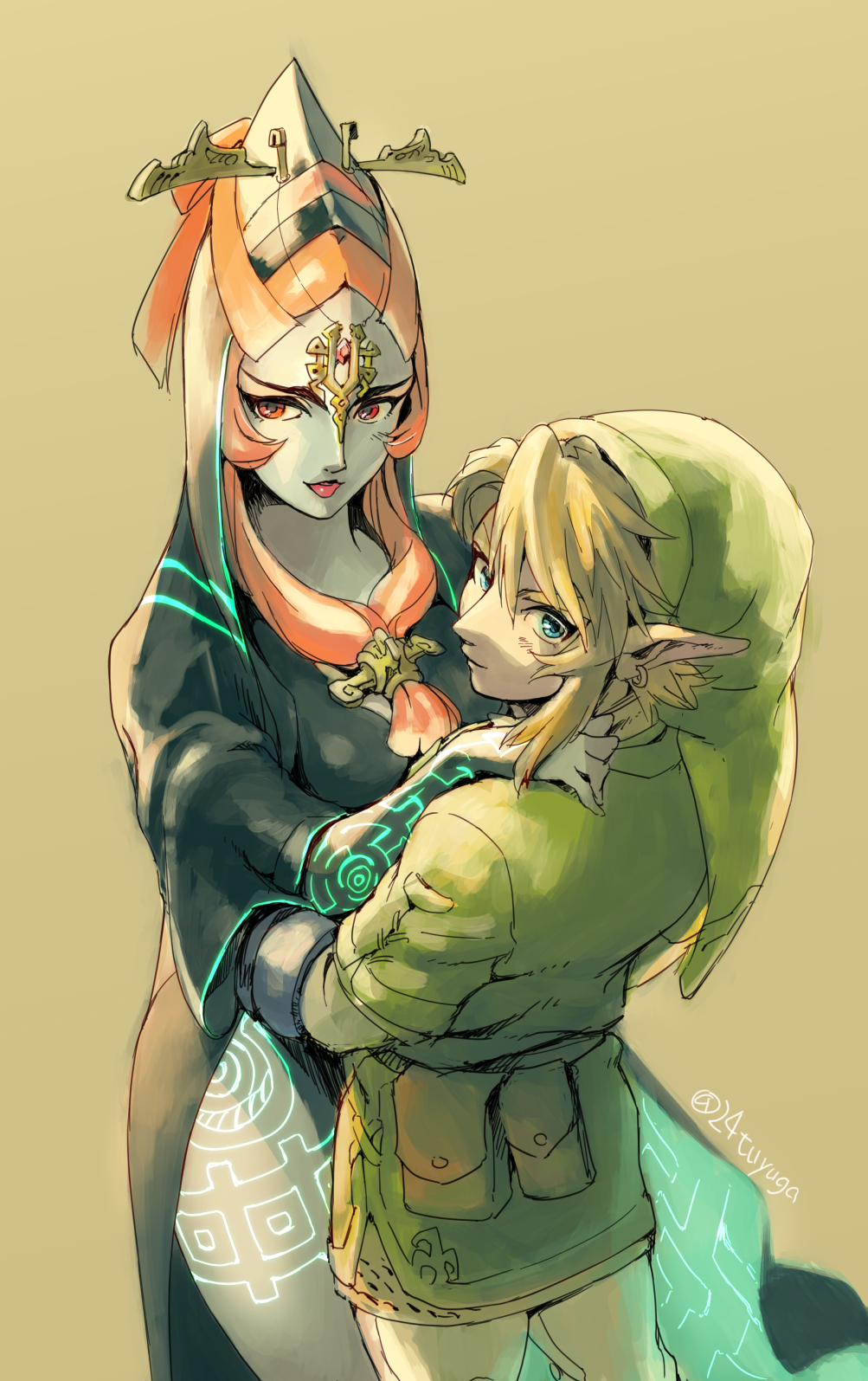 1boy 1girl blonde_hair blue_eyes front_ponytail grey_skin hand_on_another's_shoulder hat height_difference highres hood hug link looking_at_viewer looking_back midna midna_(true) nintendo orange_eyes orange_hair the_legend_of_zelda the_legend_of_zelda:_twilight_princess tsuyuga