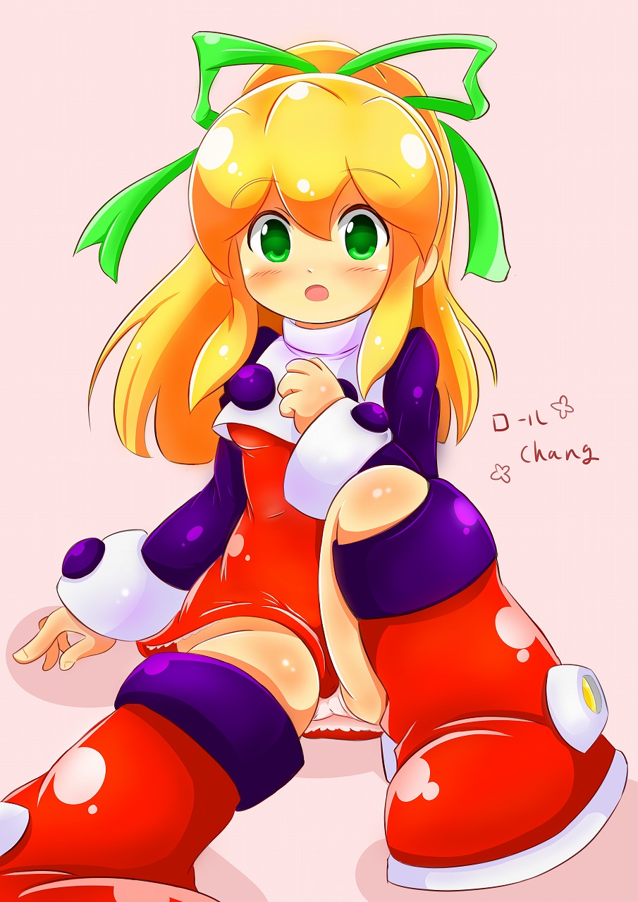 1girl android blonde_hair blush breasts capcom commentary_request dress eyebrows_visible_through_hair green_eyes hair_between_eyes hair_ribbon hand_on_own_chest high_ponytail highres long_hair looking_at_viewer open_mouth orangehamu panties pantyshot pantyshot_(sitting) ponytail red_dress ribbon rockman rockman_(classic) rockman_8 roll sidelocks sitting small_breasts solo underwear