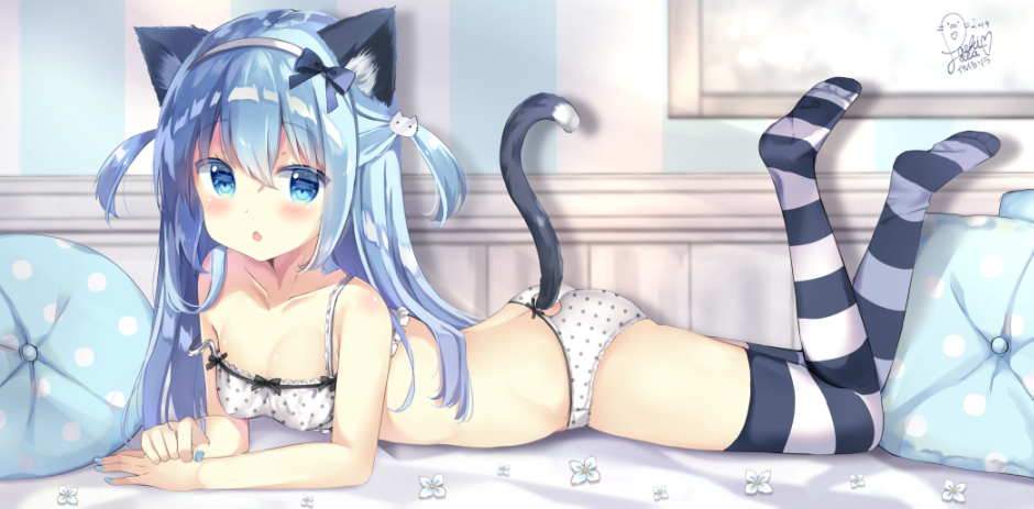 1girl animal_ear_fluff animal_ears ass bangs bare_arms bare_shoulders bed_sheet black_bow black_bra black_panties blue_bow blue_eyes blue_hair blush bow bow_bra bra breasts cat_ears cat_girl cat_hair_ornament cat_tail collarbone commentary_request eyebrows_visible_through_hair flower frilled_bra frilled_panties frills full_body hair_between_eyes hair_bow hair_ornament hairband headband legs_up long_hair looking_at_viewer lying on_stomach open_mouth original panties parted_lips picture_frame pillow polka_dot polka_dot_bra polka_dot_panties saeki_sora signature small_breasts soles solo striped striped_legwear tail tail_raised thigh-highs twintails underwear underwear_only vertical_stripes very_long_hair white_flower white_hairband