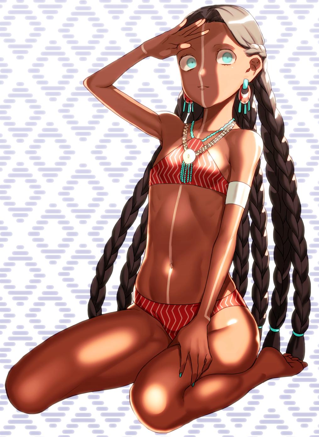 1girl :3 bare_shoulders barefoot bikini black_hair blue_eyes blue_nails bodypaint braid dark_skin earrings fate/grand_order fate_(series) flat_chest forehead genderswap genderswap_(mtf) geronimo_(fate/grand_order) highres jewelry long_hair looking_at_viewer multiple_braids nail_polish navel necklace rokkotsu seiza shiny shiny_skin sitting solo swimsuit very_long_hair younger