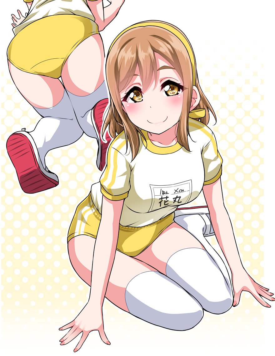 1girl ass bangs bent_over blush breasts brown_eyes brown_hair character_name commentary_request gym_shirt gym_uniform hair_ribbon hairband halftone halftone_background kneeling kunikida_hanamaru looking_at_viewer love_live! love_live!_sunshine!! medium_breasts multiple_views name_tag outline ribbon shirt shoes short_sleeves sitting smile thigh-highs thigh_gap uwabaki white_legwear white_outline yellow_background yellow_buruma yellow_ribbon yokozuwari yopparai_oni