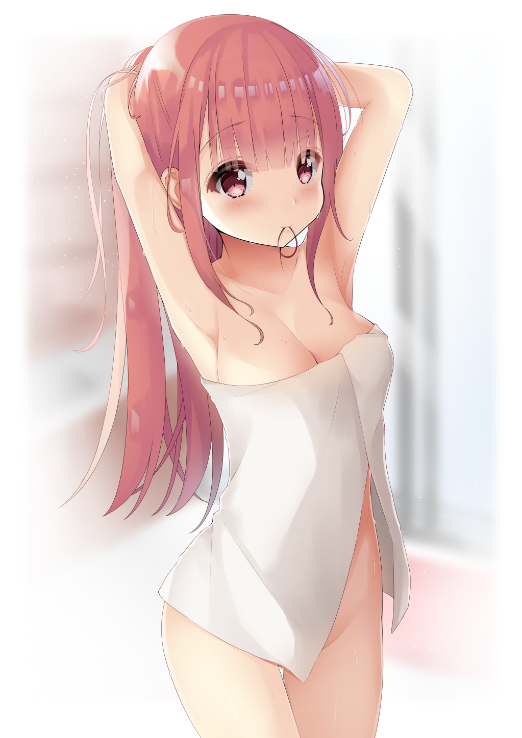 1girl armpits arms_up bangs bare_arms bare_shoulders blurry blurry_background blush breasts cleavage collarbone depth_of_field eyebrows_visible_through_hair groin hair_tie hair_tie_in_mouth highres kanz long_hair medium_breasts mouth_hold naked_towel original red_eyes redhead solo towel tying_hair very_long_hair