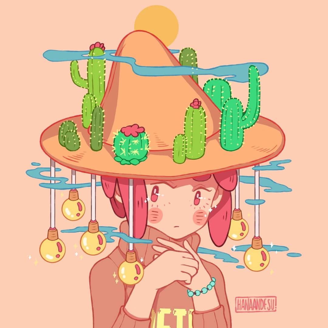 1girl blush bracelet brown_sweater cactus hanaan hands_together hands_up hat jewelry long_sleeves no_nose original pink_background pink_eyes pink_hair portrait short_hair signature simple_background solo sparkle sweater