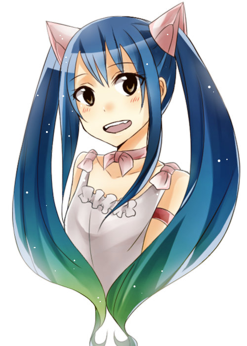 1girl :d alternate_hair_color blue_hair bracelet brown_eyes choker cropped_torso eyebrows_visible_through_hair fairy_tail getsuyoubi gradient_hair green_hair hair_between_eyes hair_ornament jewelry long_hair looking_at_viewer multicolored_hair open_mouth pink_ribbon ribbon ribbon_choker shiny shiny_hair shirt sleeveless sleeveless_shirt smile solo twintails two-tone_hair very_long_hair wendy_marvell white_shirt