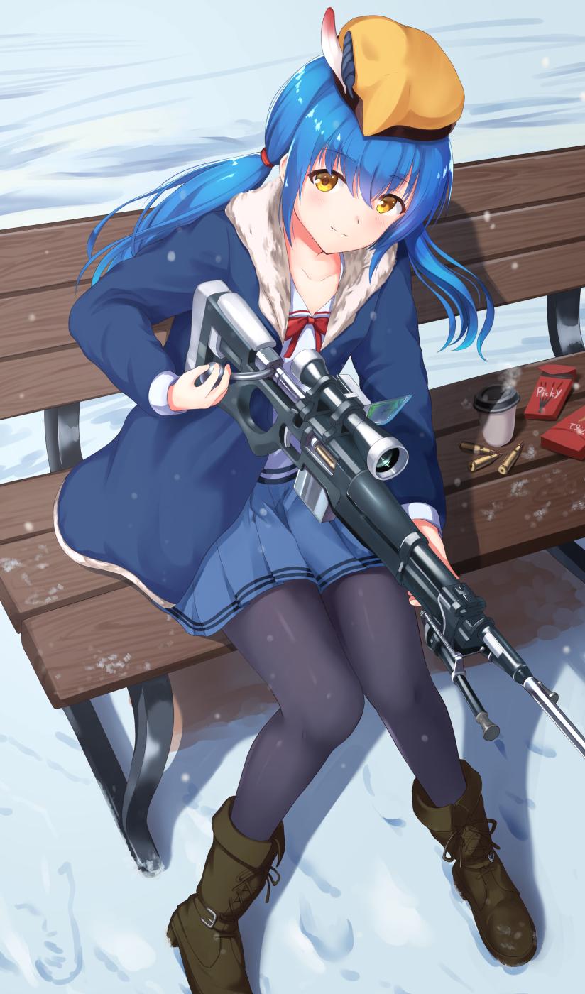 1girl akabane_hibame bench black_legwear blue_hair blush boots bullet coat coffee_cup collarbone cup disposable_cup eyebrows_visible_through_hair feathers food gun hair_between_eyes hairband hat highres looking_at_viewer original pocky red_ribbon ribbon rifle school_uniform serafuku skirt smile snow solo thigh-highs twintails weapon weapon_request yellow_eyes