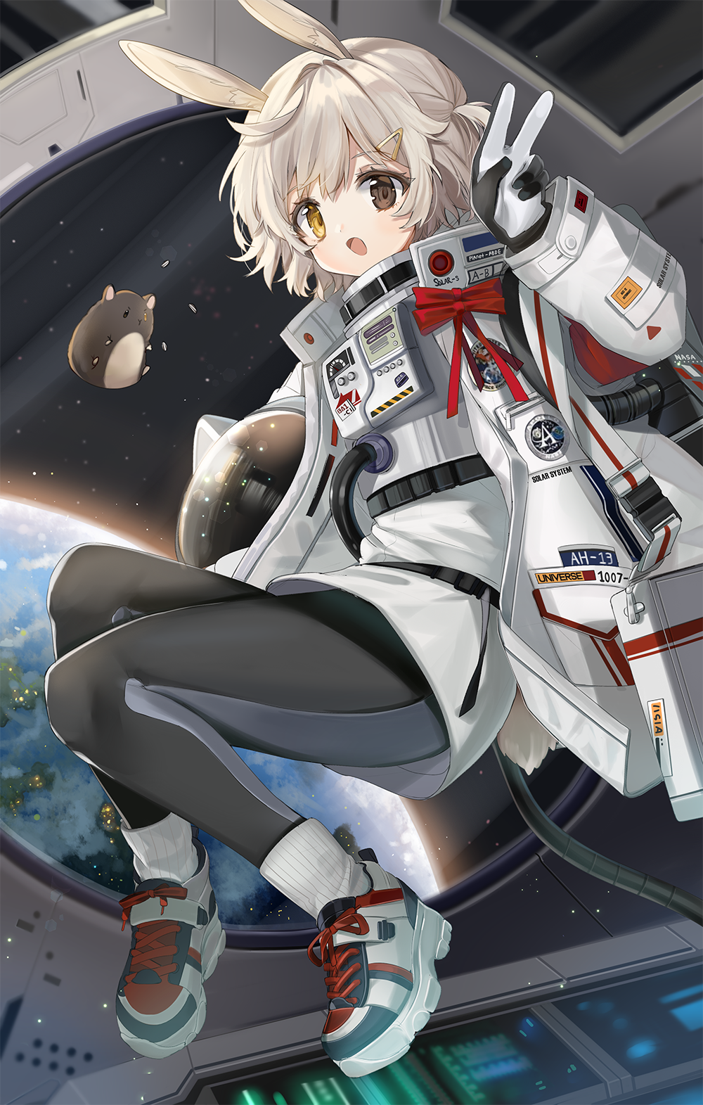 1girl :o animal animal_ears astronaut astronaut_helmet black_gloves black_pants brown_eyes bunny_girl bunny_tail floating gloves hair_ornament hairclip hamster hand_up heterochromia highres long_sleeves looking_at_viewer mid_(gameshe) one_side_up open_mouth original pants planet rabbit_ears shoes short_hair silver_hair sneakers socks solo space spacesuit tail v white_legwear yellow_eyes