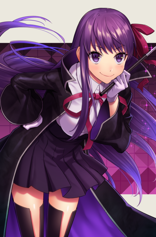 1girl bb_(fate)_(all) bb_(fate/extra_ccc) black_coat black_footwear boots breasts coat collared_shirt cowboy_shot dress_shirt fate/extra fate/extra_ccc fate_(series) floating_hair gloves grey_background hair_ribbon hand_on_hip holding holding_wand large_breasts leaning_forward long_hair looking_at_viewer minami_ikkei miniskirt neck_ribbon open_clothes open_coat pleated_skirt purple_hair purple_skirt red_ribbon ribbon shiny shiny_hair shirt skirt solo standing thigh-highs thigh_boots very_long_hair violet_eyes wand white_gloves white_shirt wing_collar zettai_ryouiki