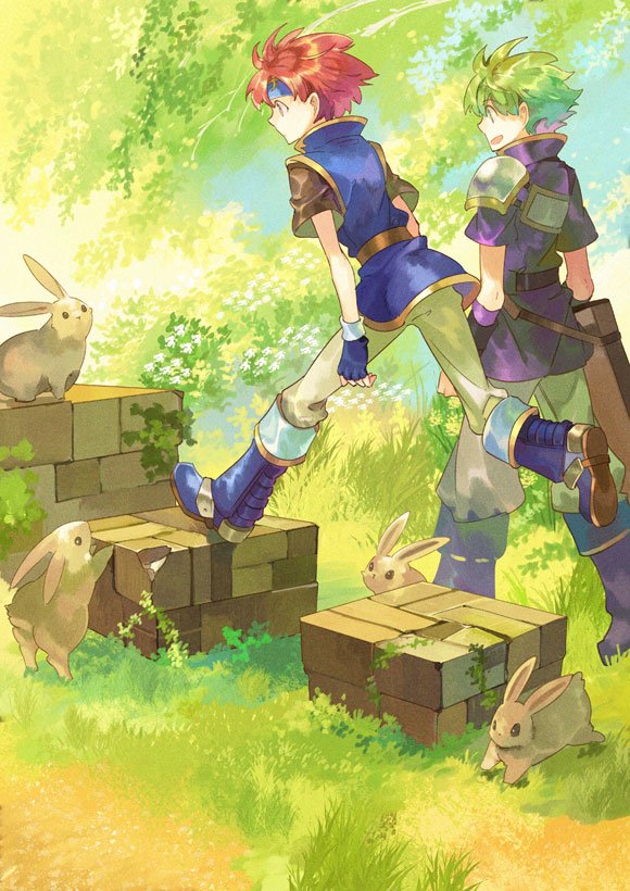 2boys animal boots fingerless_gloves fire_emblem fire_emblem:_fuuin_no_tsurugi gloves grass green_hair headband multiple_boys nintendo noki_(affabile) pastel_(medium) rabbit redhead roy_(fire_emblem) smile tree walking wolt