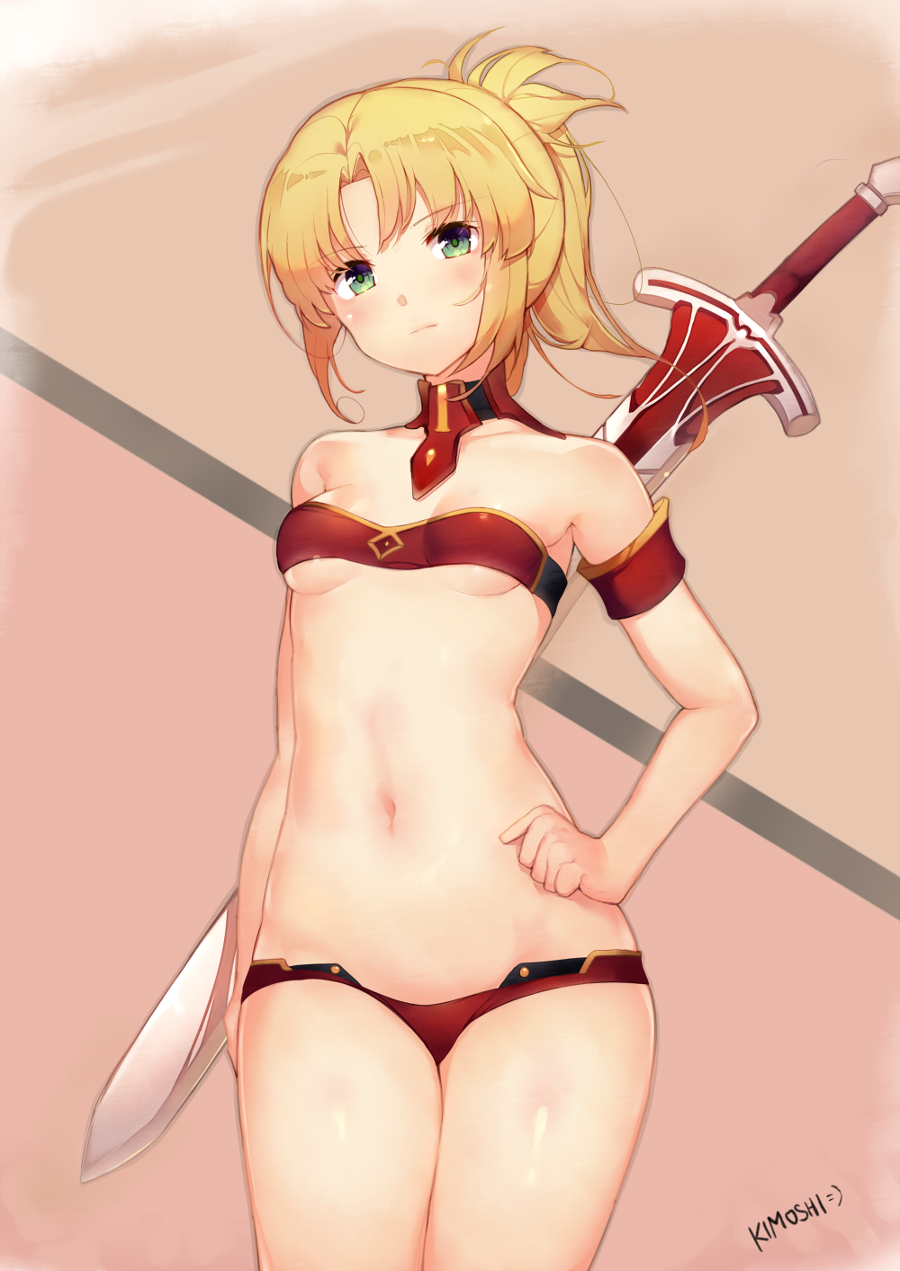 1girl =) artist_name bare_arms bare_shoulders blonde_hair blush bra braid breasts collarbone commentary deru06 english_commentary fate/grand_order fate_(series) green_eyes highres looking_at_viewer mordred_(fate) mordred_(fate)_(all) pixiv_fate/grand_order_contest_1 ponytail red_bra small_breasts solo standing sword underwear weapon