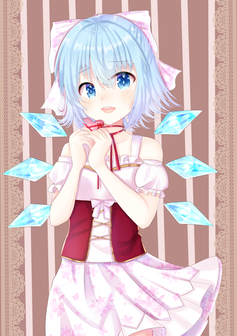 1girl alternate_costume blue_eyes blue_hair blush bow cherry_blossom_print cirno collarbone commentary corset flat_chest hair_bow happy heart ice ice_wings looking_at_viewer neck_ribbon nibosisuzu puffy_short_sleeves puffy_sleeves ribbon short_hair short_sleeves skirt smile solo touhou underbust valentine wind wings